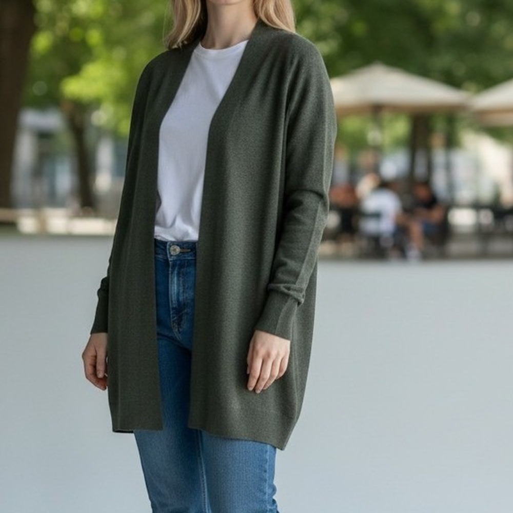 Cyrus Cardigan (L) Olive Green EXCELLENT Open Front Gold Button Cuff Knit Layer